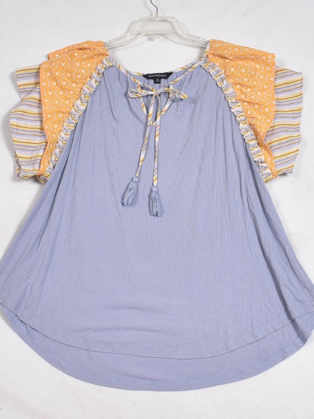 Davi & Dani Women's Blouse Size 1XL Blue & Yellow Fluter Sleeve